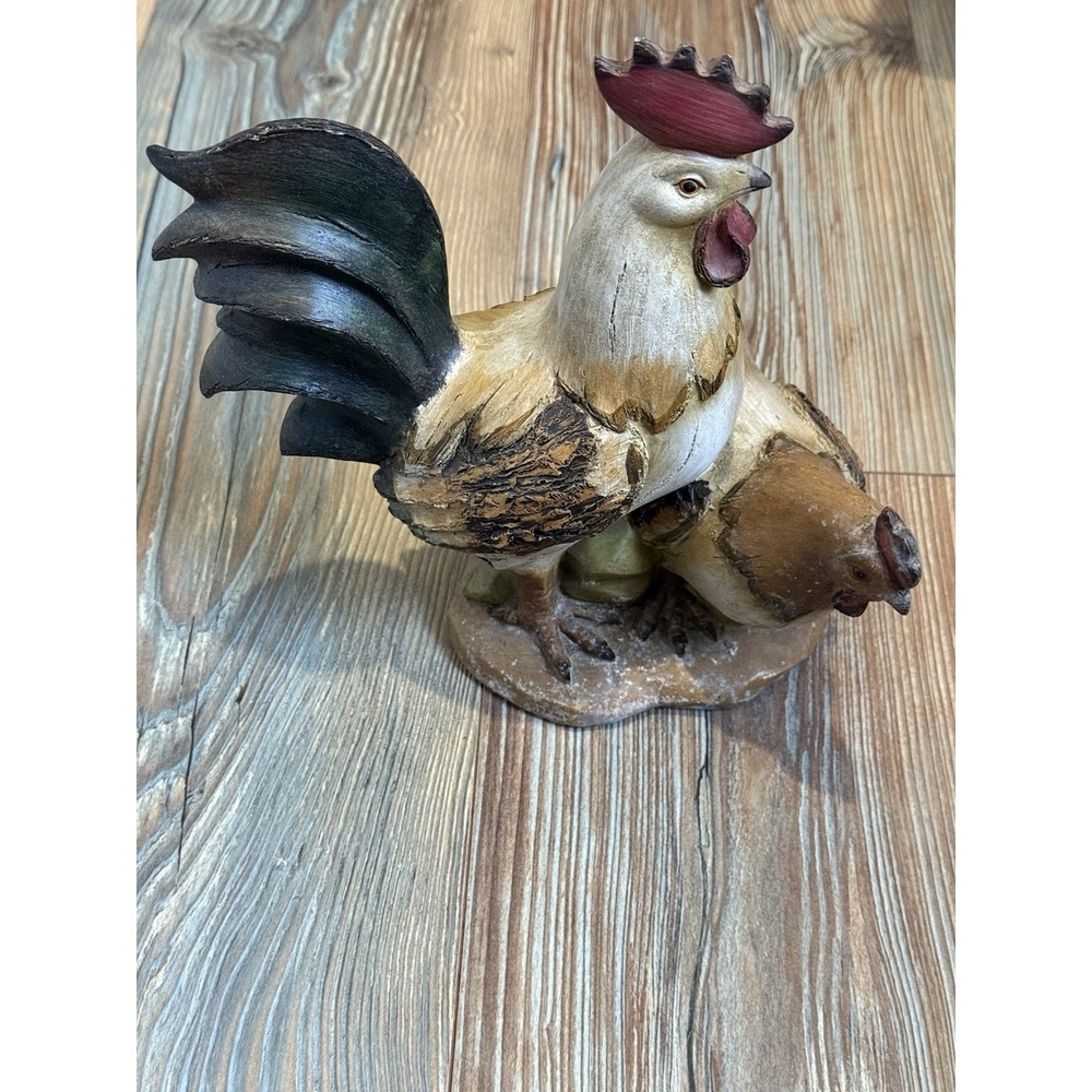 Chicken Family Rooster Hen Wood Look Figurine Farm Decor 9.5x9